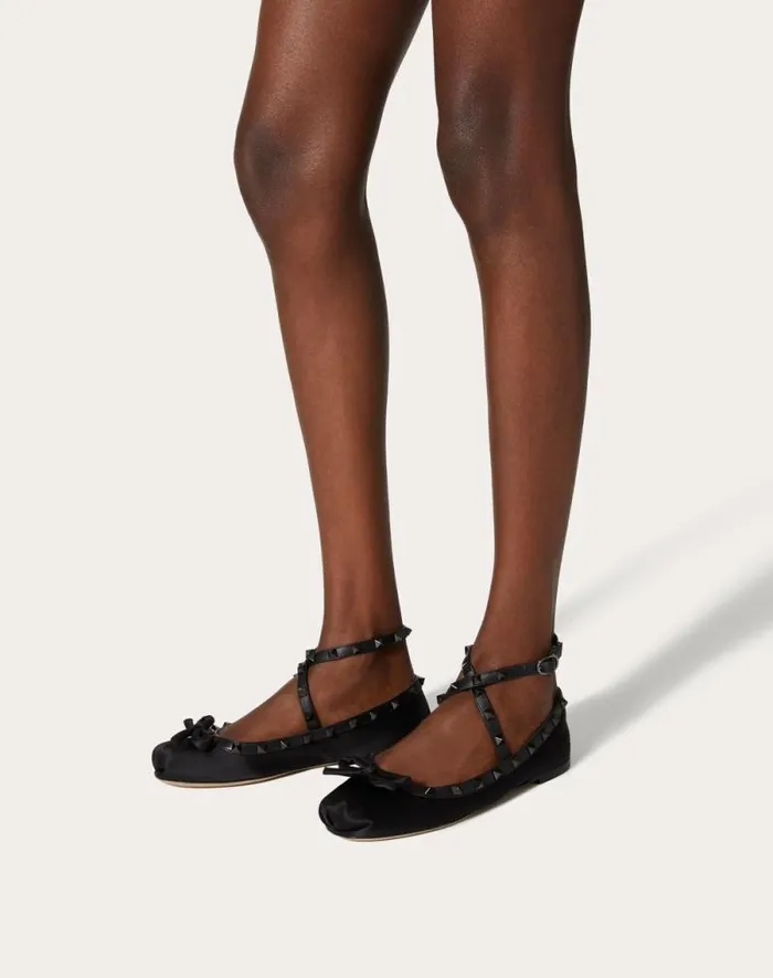 Valentino Ballerinas Woman Rockstud Satin Ballerina With Toneontone Studs For Woman In Black Black Valentino Ballerinas Woman Rockstud Satin Ballerina With Toneontone Studs For Woman In Black Black