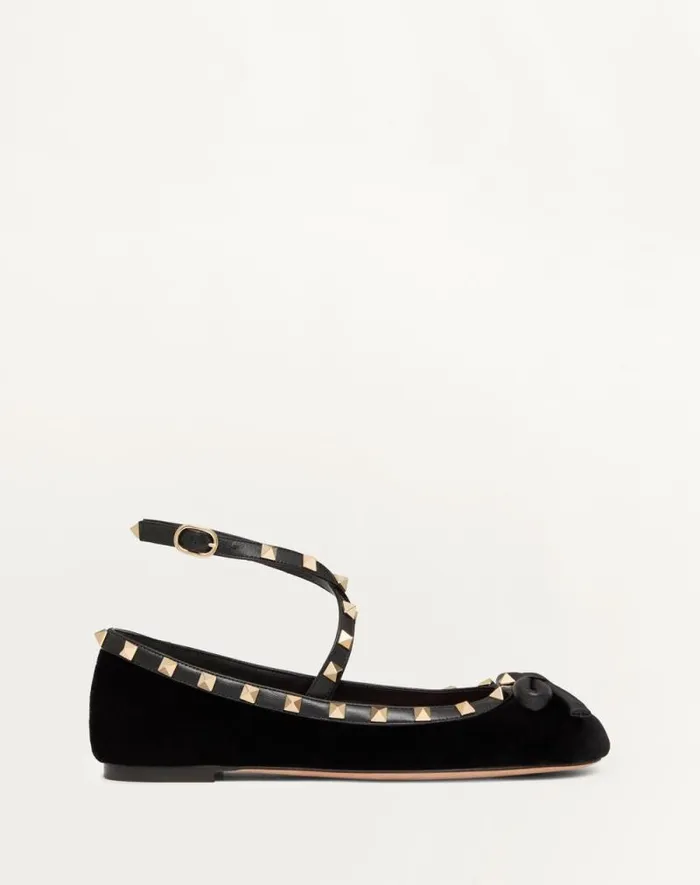 Valentino Ballerinas Woman Rockstud Velvet Ballerina For Woman In Black Black