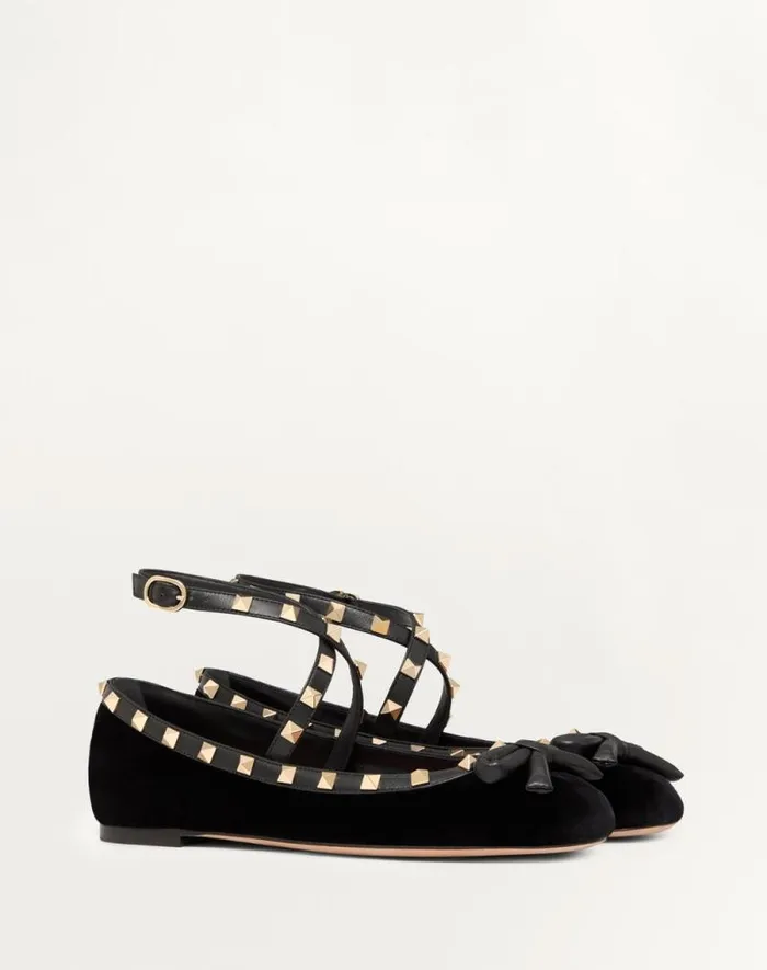 Valentino Ballerinas Woman Rockstud Velvet Ballerina For Woman In Black Black Valentino Ballerinas Woman Rockstud Velvet Ballerina For Woman In Black Black