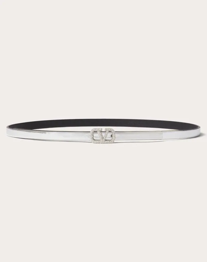 Valentino Belts Woman Vlogo Signature Mirroreffect Calfskin Belt 10 Mm For Woman In Silver Silver Valentino Belts Woman Vlogo Signature Mirroreffect Calfskin Belt 10 Mm For Woman In Silver Silver