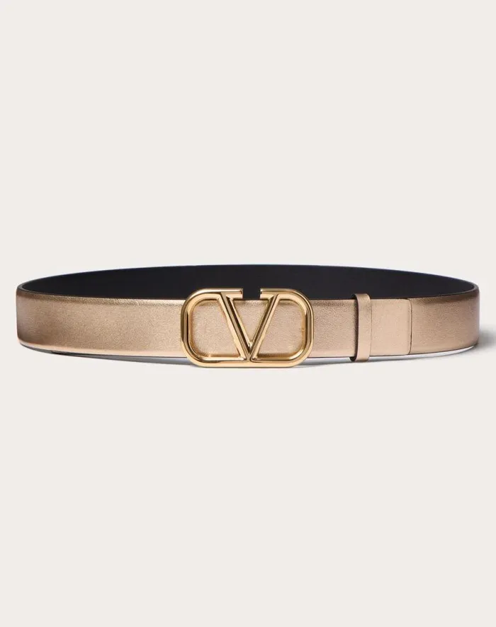 Valentino Belts Woman Vlogo Signature Reversible Belt In Metallic And Shiny Calfskin 30 Mm For Woman In Goldblack Goldblack Valentino Belts Woman Vlogo Signature Reversible Belt In Metallic And Shiny Calfskin 30 Mm For Woman In Goldblack Goldblack