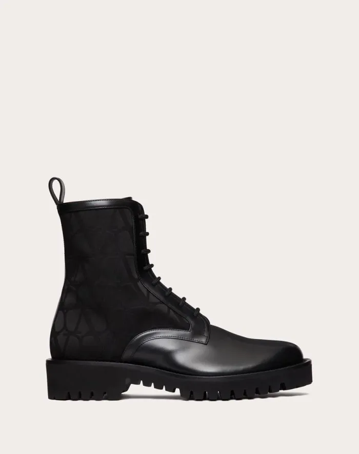Valentino Boots Man Toile Iconographe Combat Boot In Toile Iconographe Technical Fabric And Calfskin For Man In Black Black Valentino Boots Man Toile Iconographe Combat Boot In Toile Iconographe Technical Fabric And Calfskin For Man In Black Black