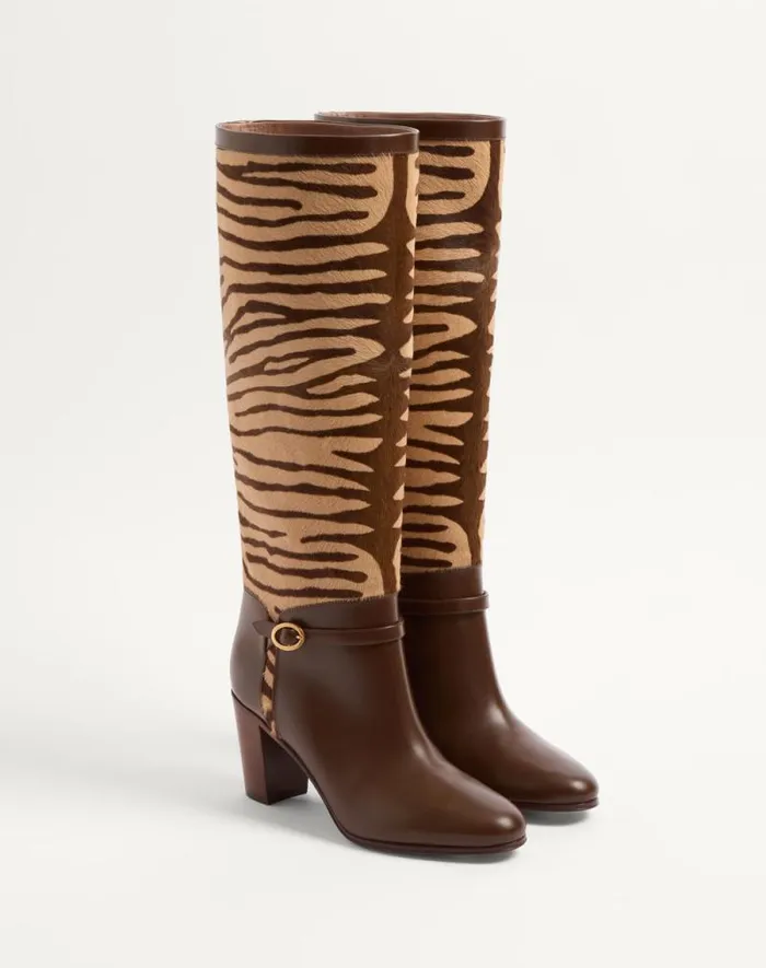 Valentino Boots Woman Pattie Boot In Ponyeffect Calfskin 75mm For Woman In Beige Beige