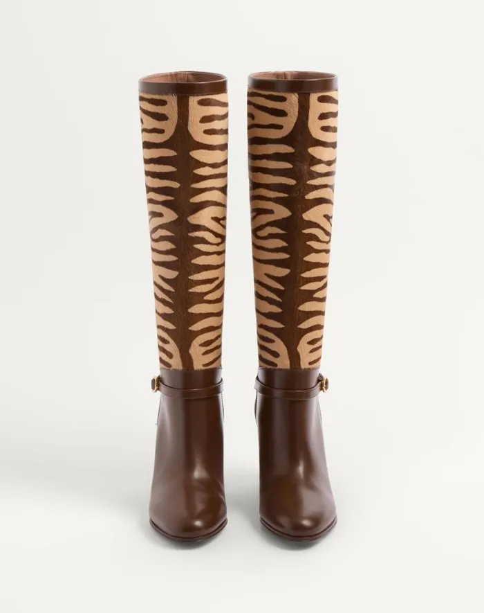 Valentino Boots Woman Pattie Boot In Ponyeffect Calfskin 75mm For Woman In Beige Beige