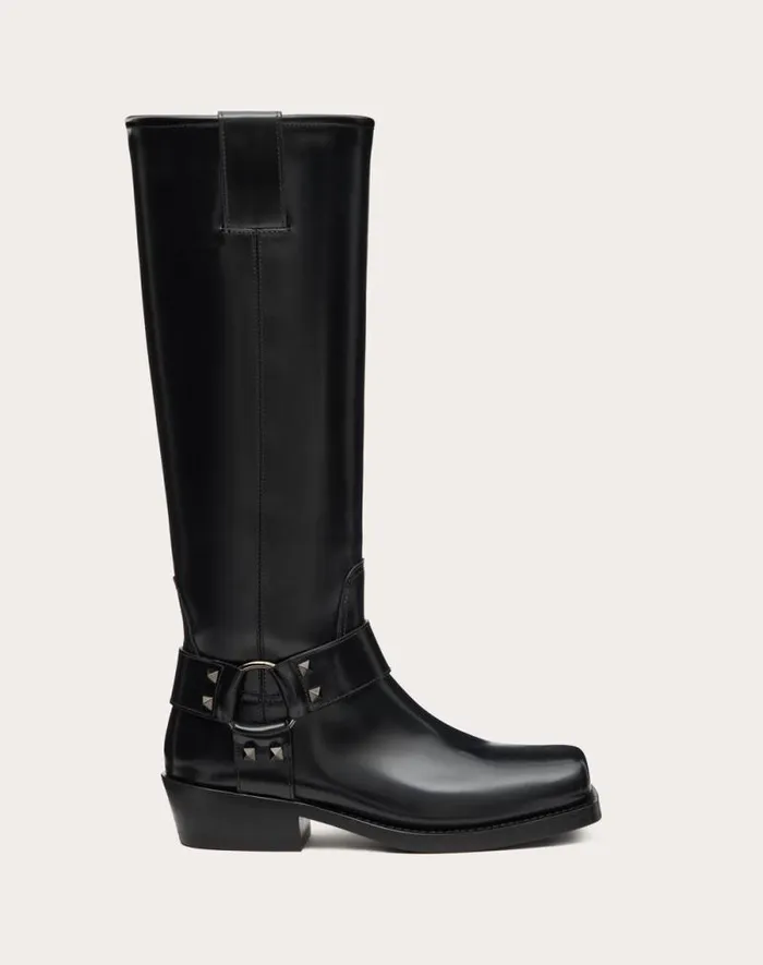 Valentino Boots Woman Rockstud Calfskin Biker Boot 40mm For Woman In Black Black Valentino Boots Woman Rockstud Calfskin Biker Boot 40mm For Woman In Black Black