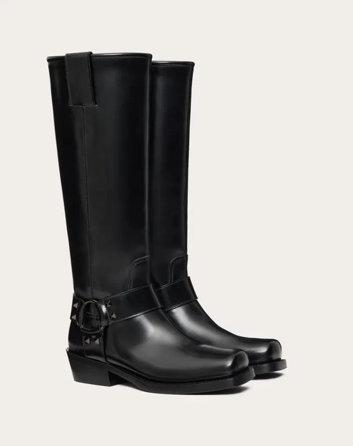 Valentino Boots Woman Rockstud Calfskin Biker Boot 40mm For Woman In Black Black Valentino Boots Woman Rockstud Calfskin Biker Boot 40mm For Woman In Black Black