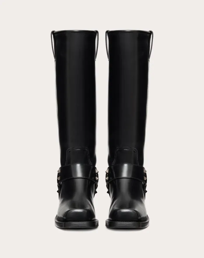 Valentino Boots Woman Rockstud Calfskin Biker Boot 40mm For Woman In Black Black Valentino Boots Woman Rockstud Calfskin Biker Boot 40mm For Woman In Black Black