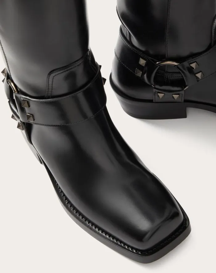 Valentino Boots Woman Rockstud Calfskin Biker Boot 40mm For Woman In Black Black Valentino Boots Woman Rockstud Calfskin Biker Boot 40mm For Woman In Black Black
