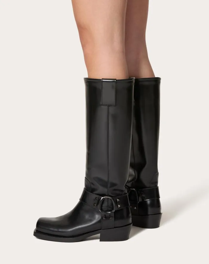 Valentino Boots Woman Rockstud Calfskin Biker Boot 40mm For Woman In Black Black Valentino Boots Woman Rockstud Calfskin Biker Boot 40mm For Woman In Black Black
