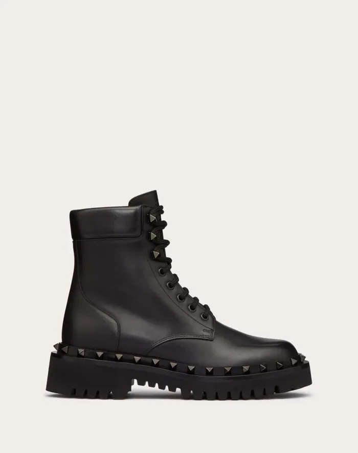 Valentino Boots Woman Rockstud Calfskin Combat Boot With Matching Studs 50mm For Woman In Black Black Valentino Boots Woman Rockstud Calfskin Combat Boot With Matching Studs 50mm For Woman In Black Black