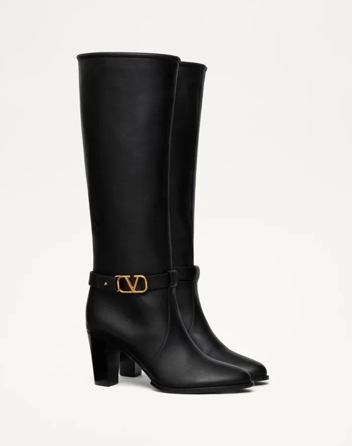 Valentino Boots Woman Vlogo Signature Calfskin Boot 75mm For Woman In Black Black