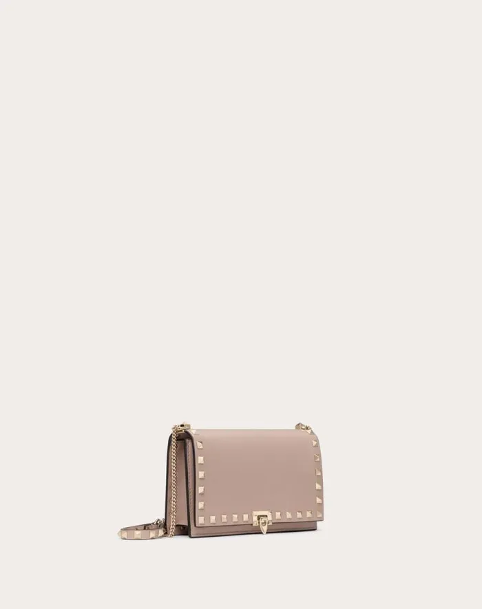 Valentino Clutches Woman Rockstud Mini Calfskin Bag With Chain For Woman In Poudre Poudre