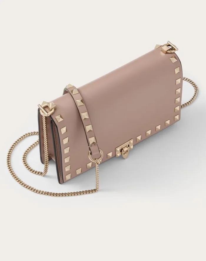 Valentino Clutches Woman Rockstud Mini Calfskin Bag With Chain For Woman In Poudre Poudre