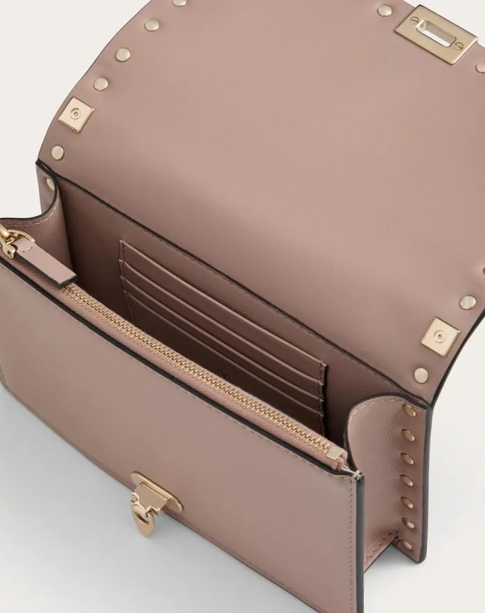 Valentino Clutches Woman Rockstud Mini Calfskin Bag With Chain For Woman In Poudre Poudre