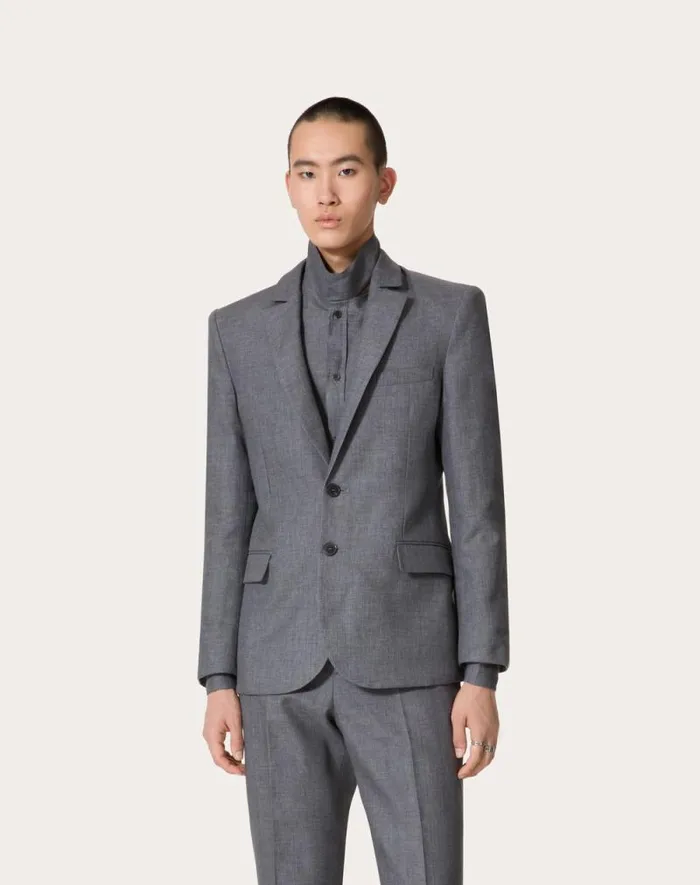 Valentino Coats And Blazers Man Singlebreasted Linen Jacket Laminated With Neoprene Scuba For Man In Light Grey Light Grey Valentino Coats And Blazers Man Singlebreasted Linen Jacket Laminated With Neoprene Scuba For Man In Light Grey Light Grey
