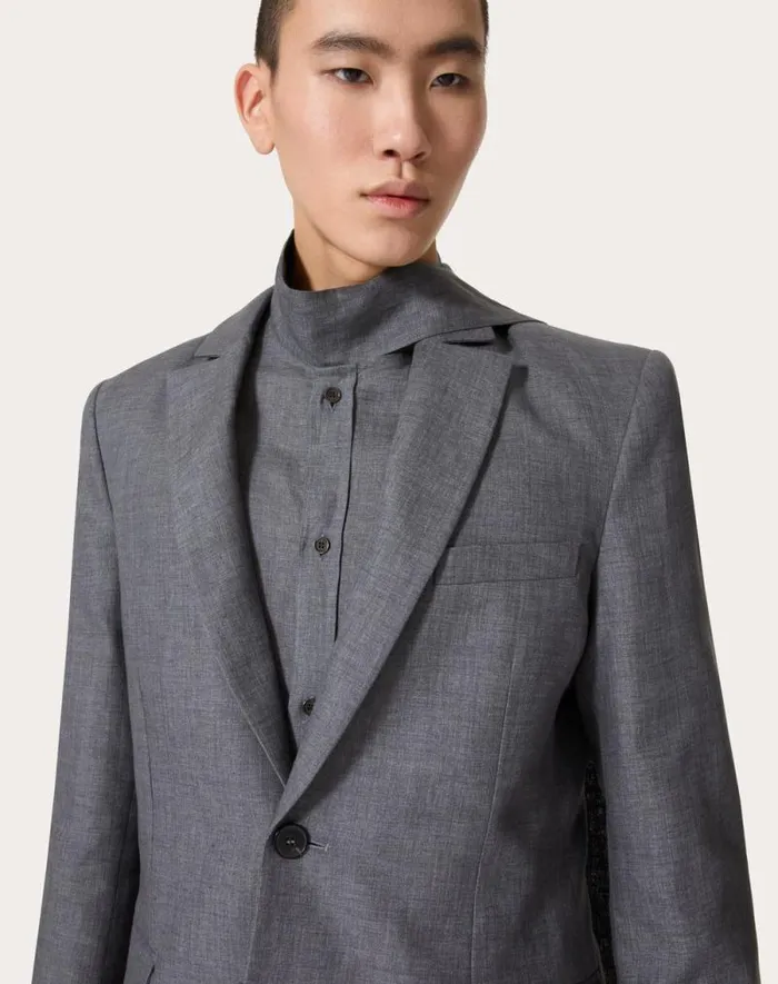 Valentino Coats And Blazers Man Singlebreasted Linen Jacket Laminated With Neoprene Scuba For Man In Light Grey Light Grey Valentino Coats And Blazers Man Singlebreasted Linen Jacket Laminated With Neoprene Scuba For Man In Light Grey Light Grey