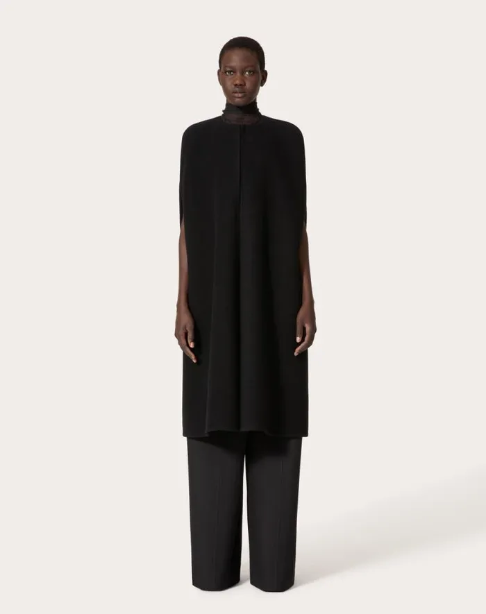 Valentino Coats And Outerwear Woman Fluffy Cashmere Blend Cape For Woman In Black Black