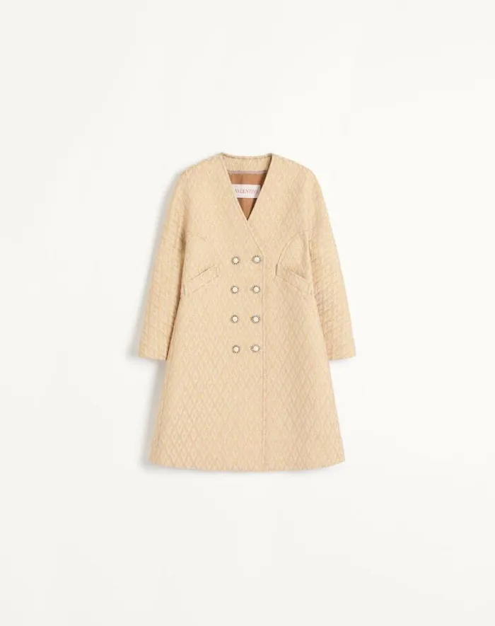 Valentino Coats And Outerwear Woman Lurex Jacquard Toute La V Coat For Woman In Birchgold Birchgold Valentino Coats And Outerwear Woman Lurex Jacquard Toute La V Coat For Woman In Birchgold Birchgold