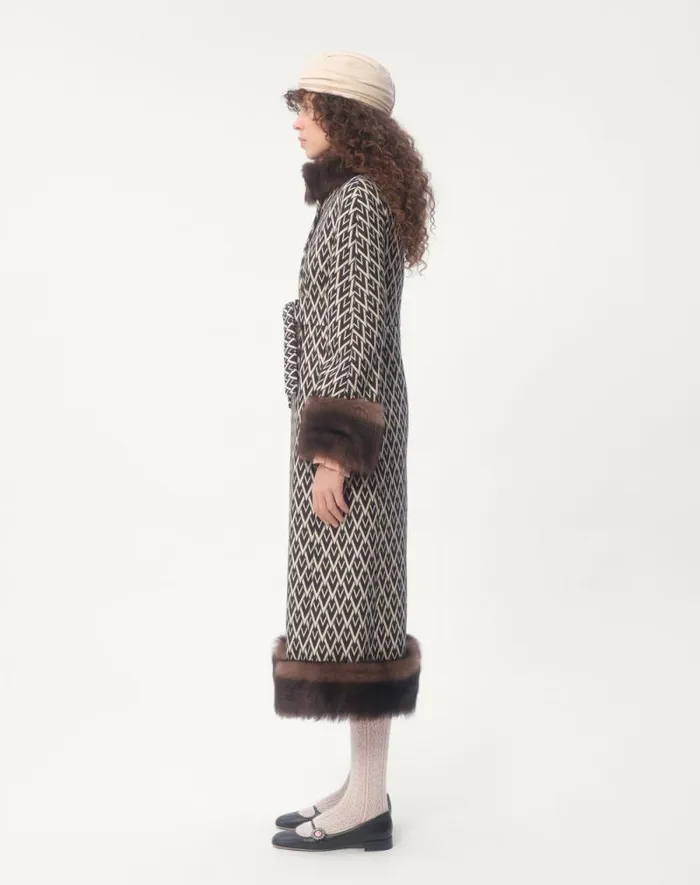 Valentino Coats And Outerwear Woman Toute La V Jacquard Coat For Woman In Blackivory Blackivory