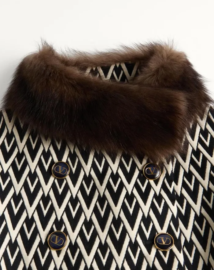 Valentino Coats And Outerwear Woman Toute La V Jacquard Coat For Woman In Blackivory Blackivory