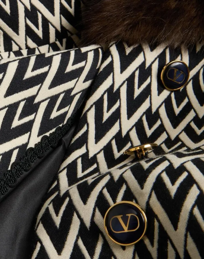 Valentino Coats And Outerwear Woman Toute La V Jacquard Coat For Woman In Blackivory Blackivory