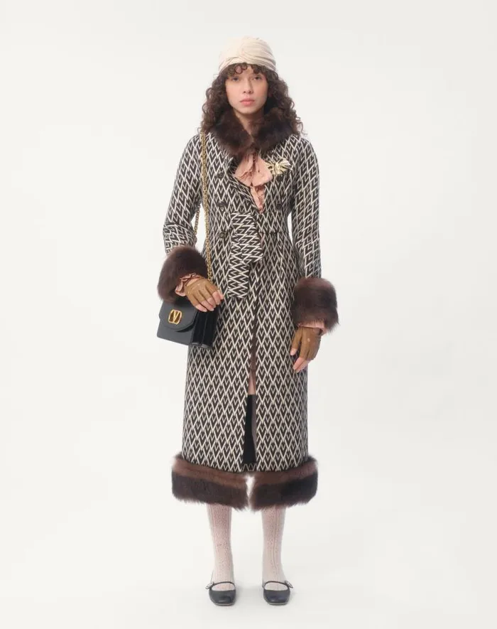 Valentino Coats And Outerwear Woman Toute La V Jacquard Coat For Woman In Blackivory Blackivory