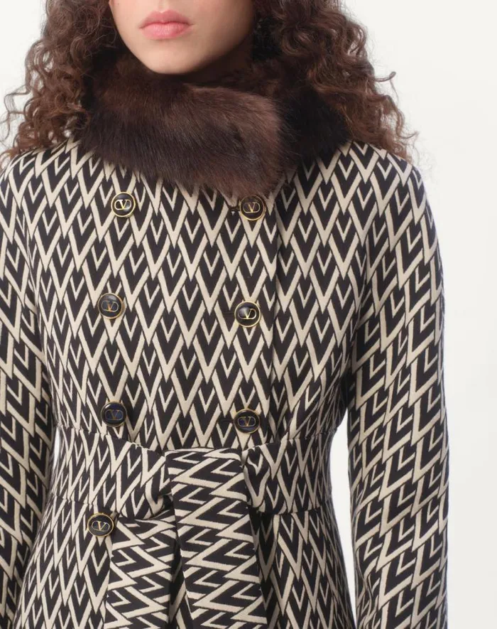 Valentino Coats And Outerwear Woman Toute La V Jacquard Coat For Woman In Blackivory Blackivory