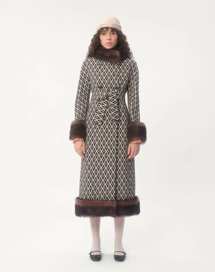 Valentino Coats And Outerwear Woman Toute La V Jacquard Coat For Woman In Blackivory Blackivory