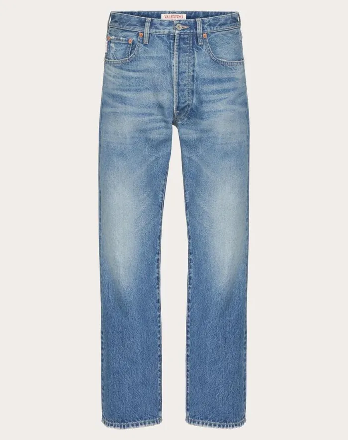 Valentino Denim Man Denim Pants With Metallic V Detail For Man In Denim Denim