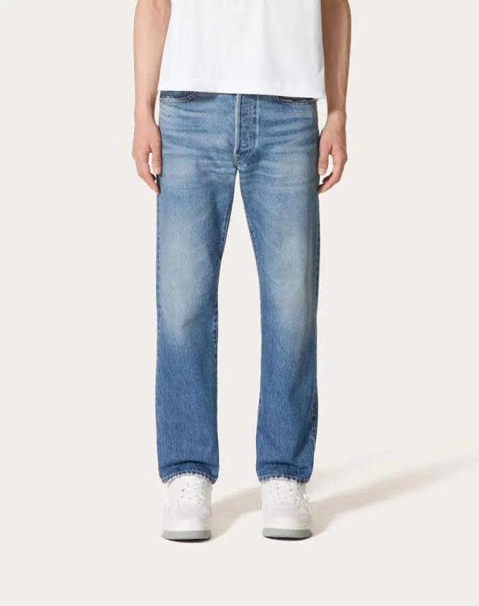 Valentino Denim Man Denim Pants With Metallic V Detail For Man In Denim Denim Valentino Denim Man Denim Pants With Metallic V Detail For Man In Denim Denim