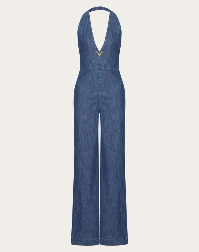 Valentino Denim Woman Chambray Denim Jumpsuit For Woman In Denim Denim