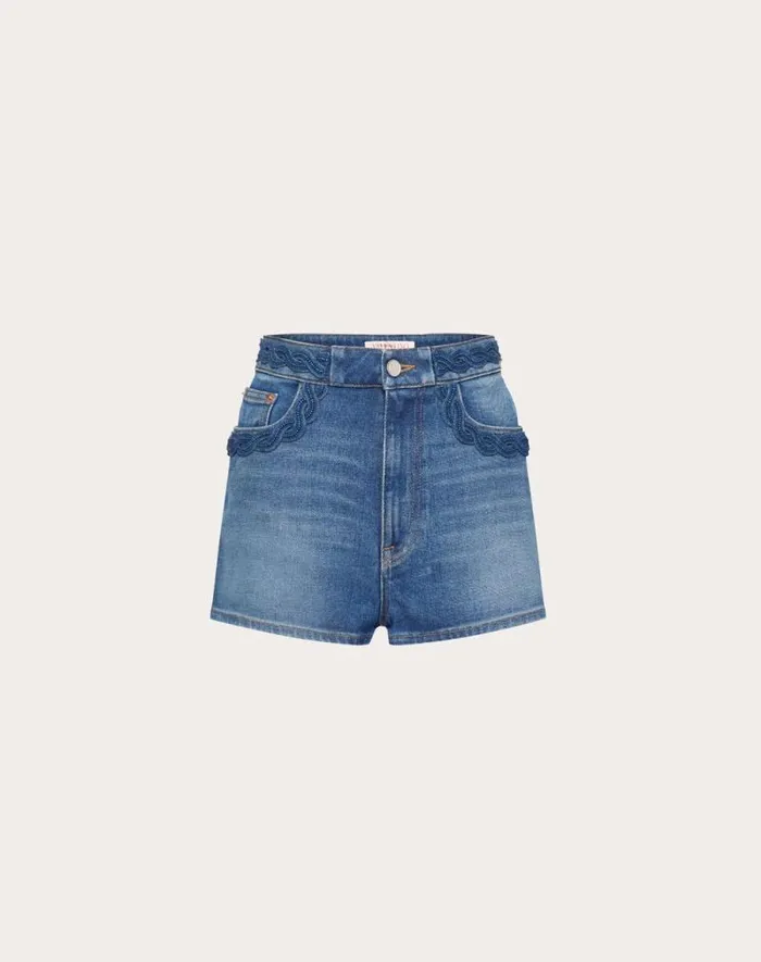 Valentino Denim Woman Embroidered Denim Shorts For Woman In Blue Blue