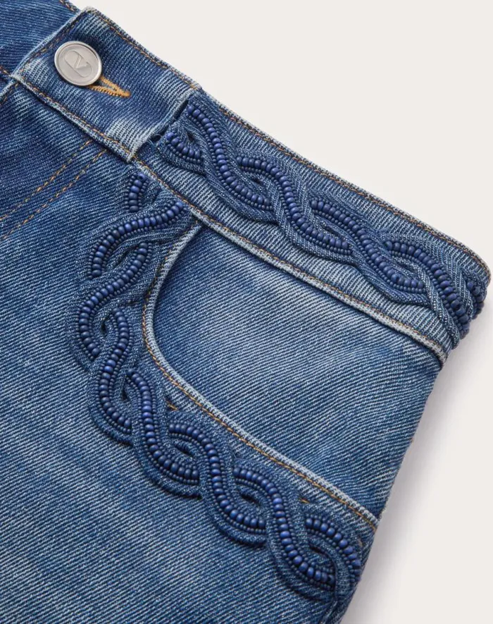 Valentino Denim Woman Embroidered Denim Shorts For Woman In Blue Blue Valentino Denim Woman Embroidered Denim Shorts For Woman In Blue Blue
