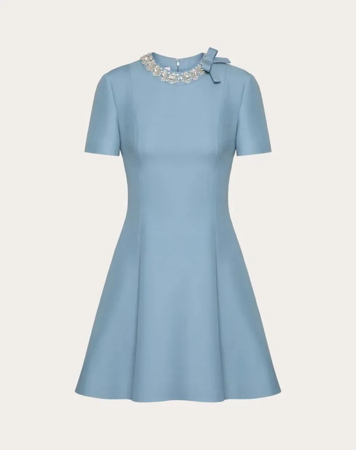Valentino Dresses Woman Embroidered Crepe Couture Short Dress For Woman In Azurerhinestone Azurerhinestone
