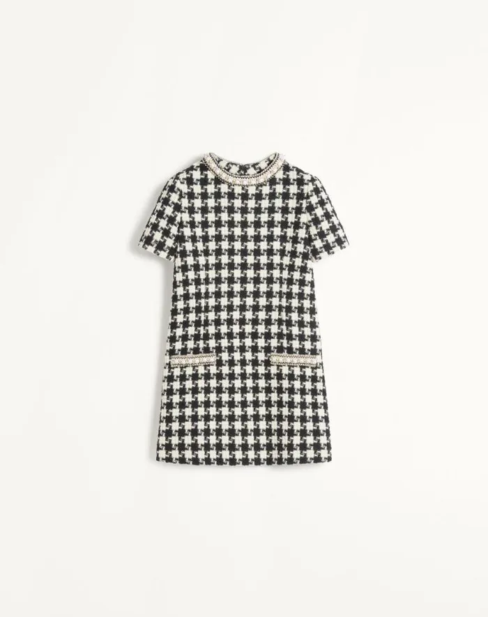 Valentino Dresses Woman Embroidered Damier Light Tweed Short Dress For Woman In Ivoryblack Ivoryblack Valentino Dresses Woman Embroidered Damier Light Tweed Short Dress For Woman In Ivoryblack Ivoryblack