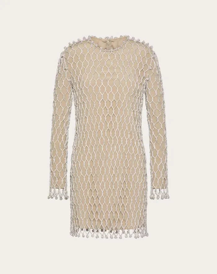Valentino Dresses Woman Embroidered Rhinestone Mesh Short Dress For Woman In Silver Silver