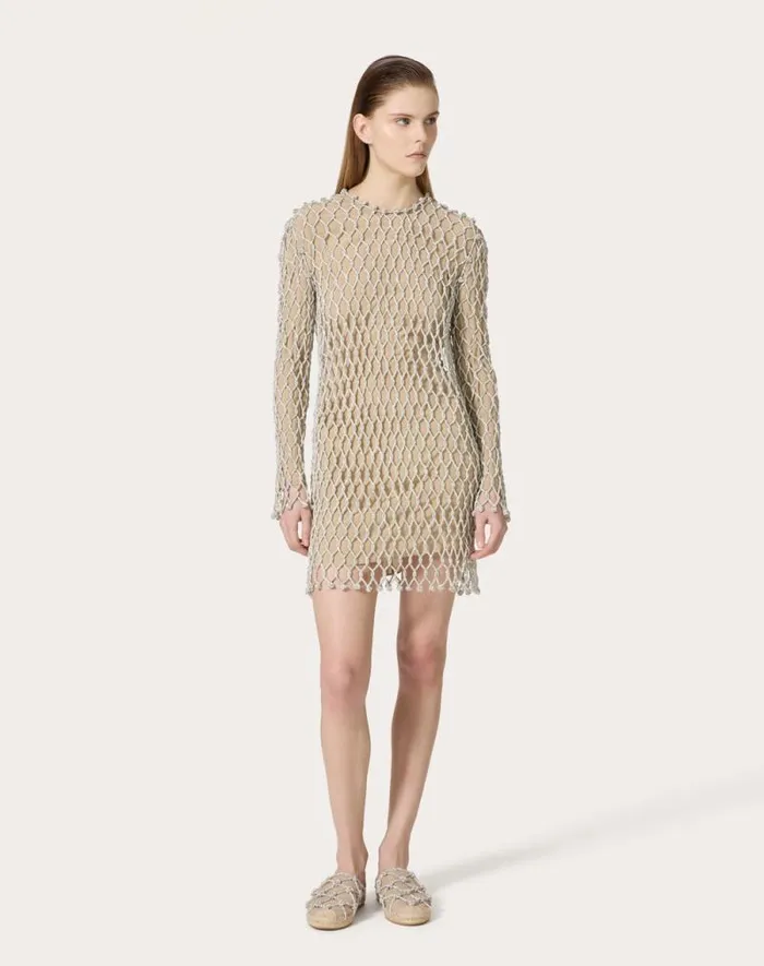 Valentino Dresses Woman Embroidered Rhinestone Mesh Short Dress For Woman In Silver Silver Valentino Dresses Woman Embroidered Rhinestone Mesh Short Dress For Woman In Silver Silver