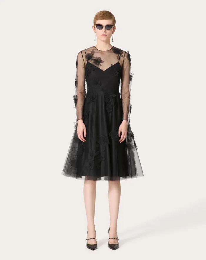 Valentino Dresses Woman Tulle Illusione Embroidered Dress For Woman In Black Black Valentino Dresses Woman Tulle Illusione Embroidered Dress For Woman In Black Black