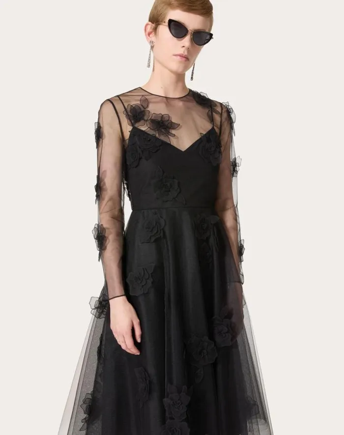 Valentino Dresses Woman Tulle Illusione Embroidered Dress For Woman In Black Black Valentino Dresses Woman Tulle Illusione Embroidered Dress For Woman In Black Black