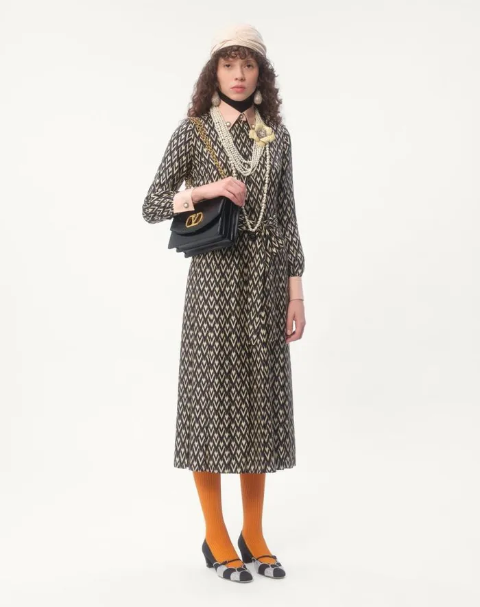 Valentino Dresses Woman Twill Toute La V Midi Dress For Woman In Blackivory Blackivory Valentino Dresses Woman Twill Toute La V Midi Dress For Woman In Blackivory Blackivory