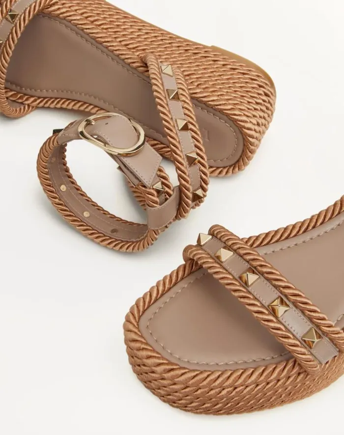 Valentino Espadrilles And Wedges Woman Rockstud Flatform Sandal In Calfskin 45mm For Woman In Black Black