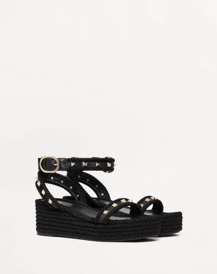 Valentino Espadrilles And Wedges Woman Rockstud Flatform Sandal In Calfskin 45mm For Woman In Black Black