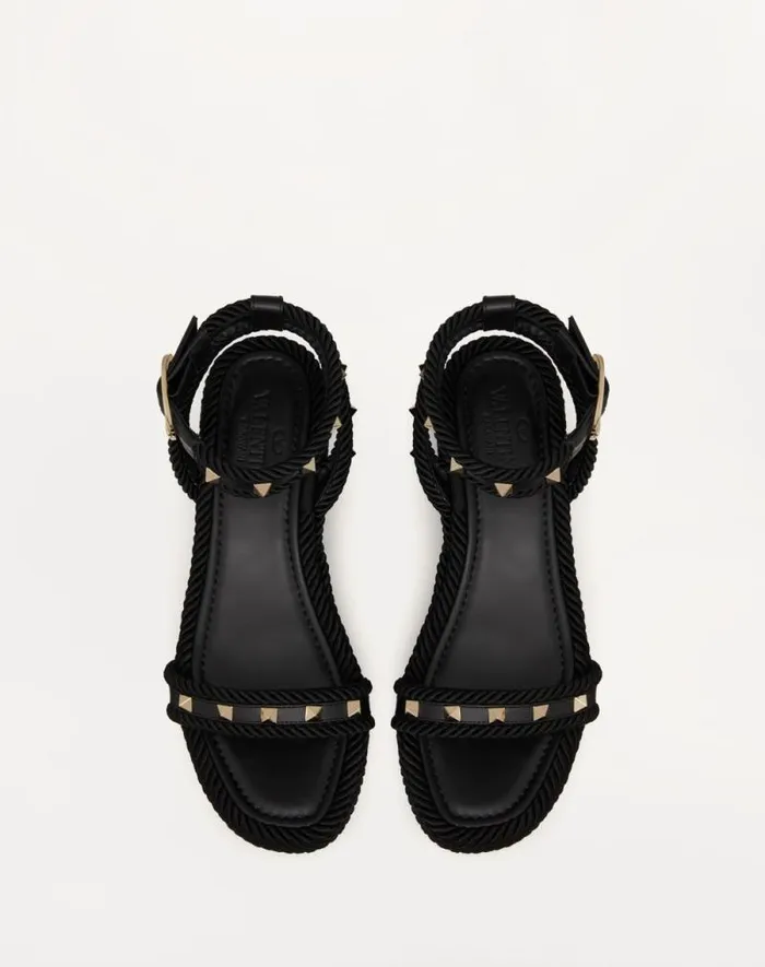 Valentino Espadrilles And Wedges Woman Rockstud Flatform Sandal In Calfskin 45mm For Woman In Black Black