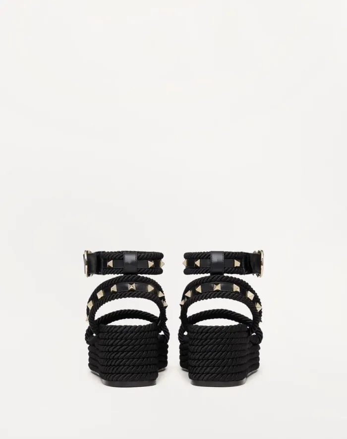 Valentino Espadrilles And Wedges Woman Rockstud Flatform Sandal In Calfskin 45mm For Woman In Black Black