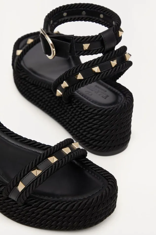 Valentino Espadrilles And Wedges Woman Rockstud Flatform Sandal In Calfskin 45mm For Woman In Black Black