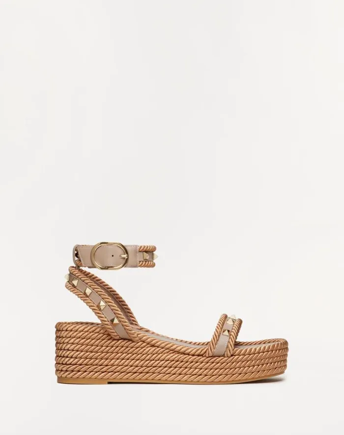 Valentino Espadrilles And Wedges Woman Rockstud Flatform Sandal In Calfskin 45mm For Woman In Black Black
