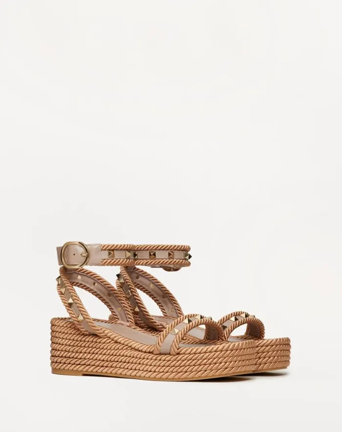 Valentino Espadrilles And Wedges Woman Rockstud Flatform Sandal In Calfskin 45mm For Woman In Black Black