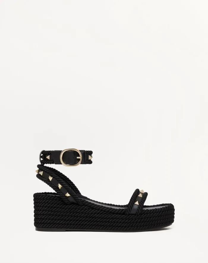 Valentino Espadrilles And Wedges Woman Rockstud Flatform Sandal In Calfskin 45mm For Woman In Poudre Poudre
