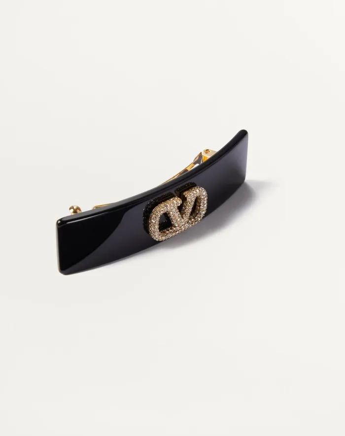 Valentino Hair Accessories Woman Vlogo Signature Metal And Resin Hair Clip With Swarovski Crystals For Woman In Blackgoldcrystal Blackgoldcrystal Valentino Hair Accessories Woman Vlogo Signature Metal And Resin Hair Clip With Swarovski Crystals For Woman In Blackgoldcrystal Blackgoldcrystal