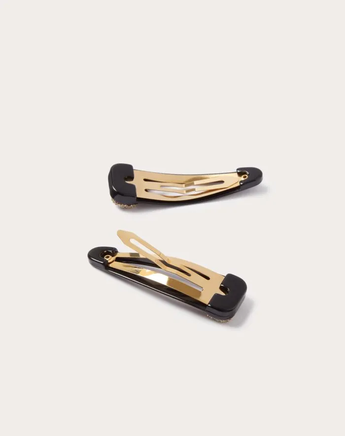 Valentino Hair Accessories Woman Vlogo Signature Metal And Resin Hair Clips With Swarovski Crystals For Woman In Blackgoldcrystal Blackgoldcrystal Valentino Hair Accessories Woman Vlogo Signature Metal And Resin Hair Clips With Swarovski Crystals For Woman In Blackgoldcrystal Blackgoldcrystal